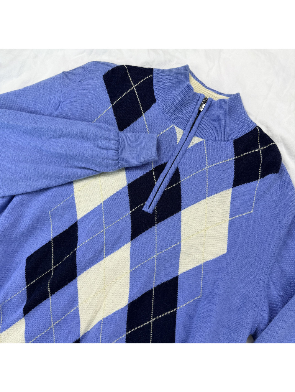 FootJoy Golf Sweater Men L Blue Argyle 100% Wool Lined Quarter Zip Pullover